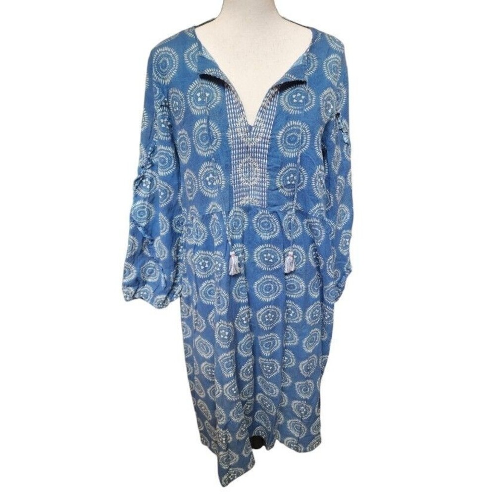 Johnny Was Workshop Blue Batik Print Tunic Dress 2 Piece Size Medium Boho Cotton